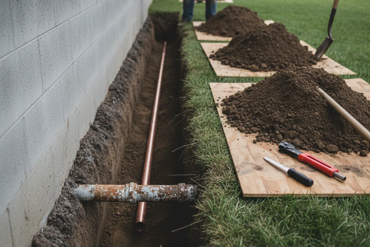 Excavated water line trench during Sewer Line Repair in Bannock